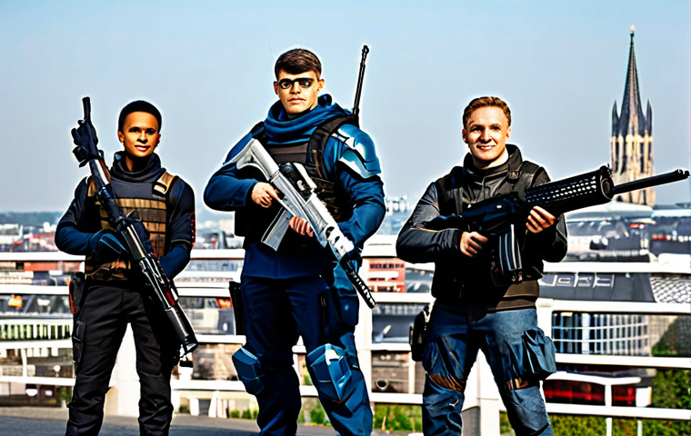 Nikke Team Composition**
"A group of fully clothed, diverse Nikke characters in modest futuristic armor, posing heroically against a cityscape backdrop of Cologne, Germany. The team consists of a character with a machine gun, a sniper rifle, and a rocket launcher, all in dynamic poses. Perfect anatomy, correct proportions, natural pose. safe for work, appropriate content, professional, family-friendly, high quality, detailed."
**
