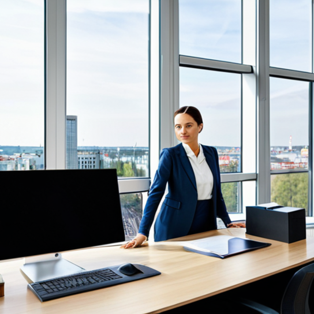 Modern Office Environment**

"A professional businesswoman in a stylish, fully clothed, modest business suit, working at a clean desk in a bright, modern office in Berlin, Germany. Large windows show the cityscape. Appropriate attire, safe for work, perfect anatomy, natural proportions, professional photography, high quality, family-friendly."

**