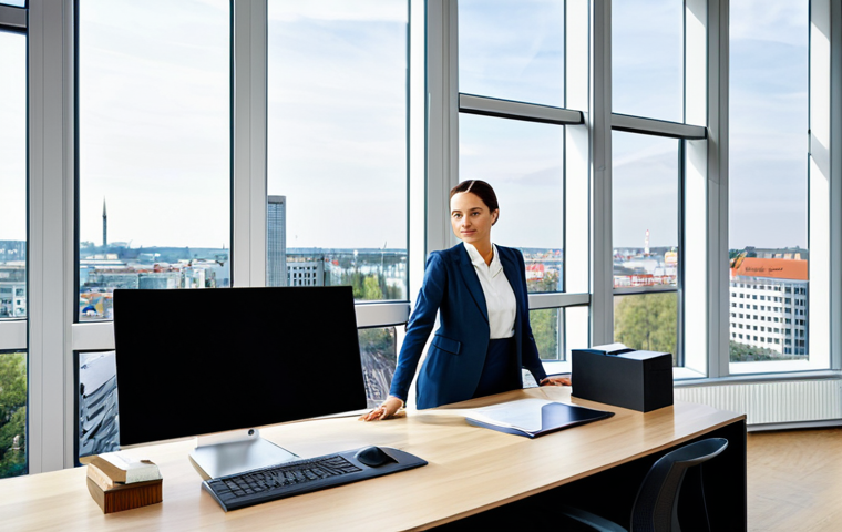 Modern Office Environment**
"A professional businesswoman in a stylish, fully clothed, modest business suit, working at a clean desk in a bright, modern office in Berlin, Germany. Large windows show the cityscape. Appropriate attire, safe for work, perfect anatomy, natural proportions, professional photography, high quality, family-friendly."
**