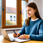 Prioritization - The Organized Student**

A bright, modern study room. A young, female student sits at a clean desk, fully clothed in comfortable, casual attire (jeans, t-shirt, a cozy sweater).  Open textbooks and a laptop are visible.  Next to the laptop is a handwritten To-Do list with checkboxes.  In the background, a window shows a sunny, autumn day in a German town. safe for work, appropriate content, fully clothed, professional, perfect anatomy, correct proportions, well-formed hands, proper finger count, natural pose, family-friendly.

**