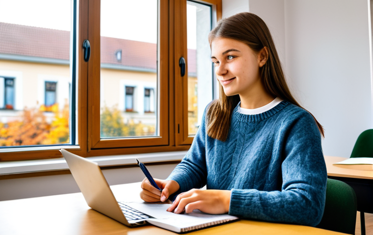 Prioritization - The Organized Student**
A bright, modern study room. A young, female student sits at a clean desk, fully clothed in comfortable, casual attire (jeans, t-shirt, a cozy sweater). Open textbooks and a laptop are visible. Next to the laptop is a handwritten To-Do list with checkboxes. In the background, a window shows a sunny, autumn day in a German town. safe for work, appropriate content, fully clothed, professional, perfect anatomy, correct proportions, well-formed hands, proper finger count, natural pose, family-friendly.
**