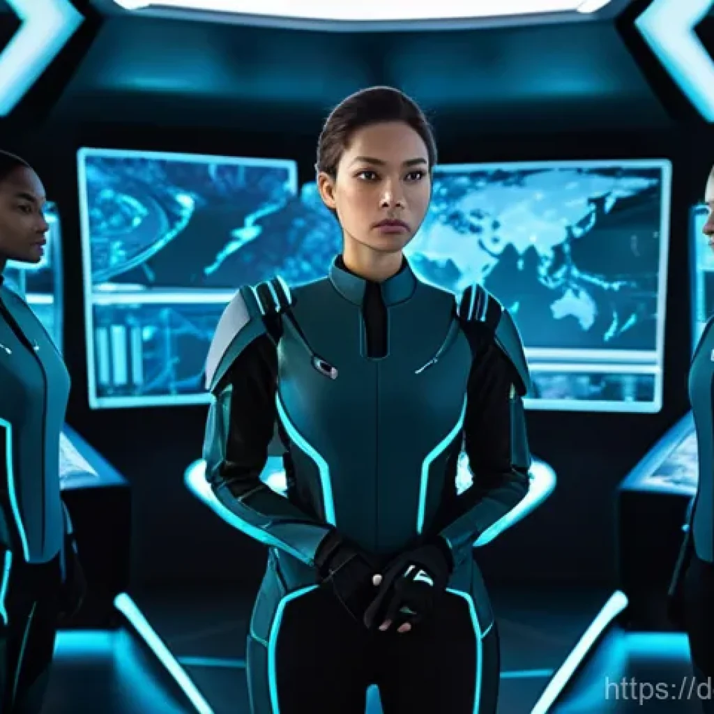 승리의여신 니케 히든 보스 공략 - A team of three futuristic female warriors, clad in form-fitting yet modest combat suits with visibl...