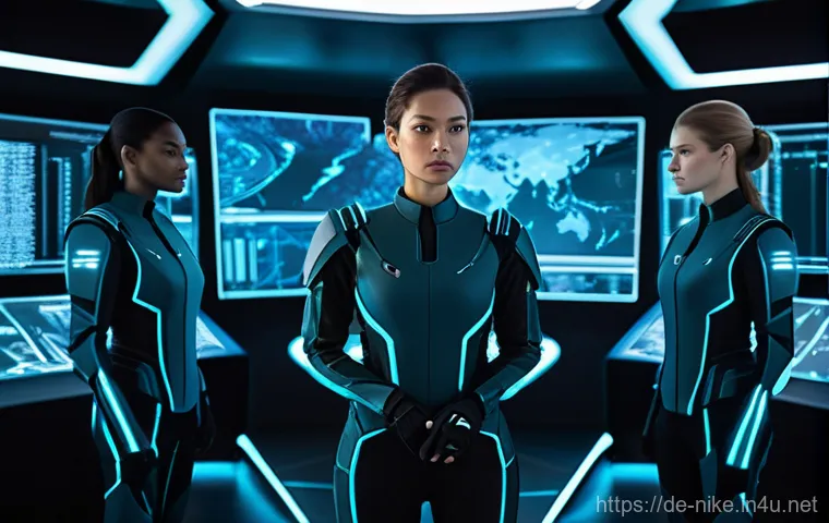승리의여신 니케 히든 보스 공략 - A team of three futuristic female warriors, clad in form-fitting yet modest combat suits with visibl...