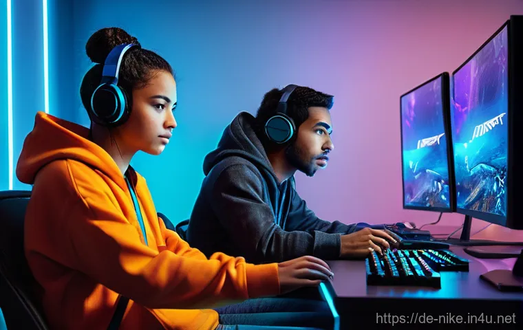 승리의여신 니케 팬 소통 플랫폼 - **Prompt 1: Collaborative Gaming Strategy Session**
    "A diverse group of 3-4 young adult gamers, ...