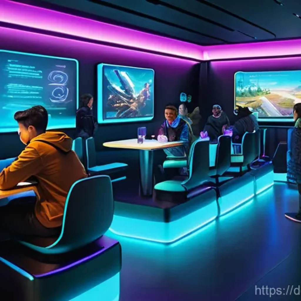 승리의여신 니케 신규 아이템 출시 루머 - **Prompt:** A bustling, futuristic gaming cafe filled with a diverse group of NIKKE Commanders. Youn...