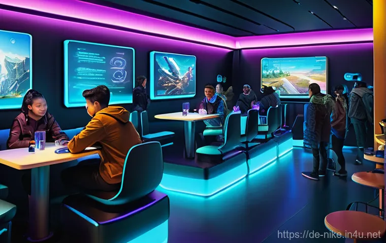 승리의여신 니케 신규 아이템 출시 루머 - **Prompt:** A bustling, futuristic gaming cafe filled with a diverse group of NIKKE Commanders. Youn...