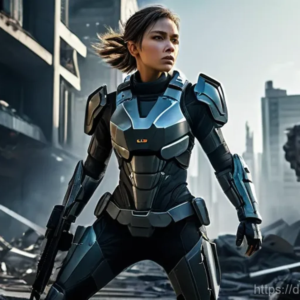 승리의여신 니케 공격 모션 분석 - A highly detailed, full-body image of a futuristic female soldier, a 'Nikke,' in mid-combat. She is ...