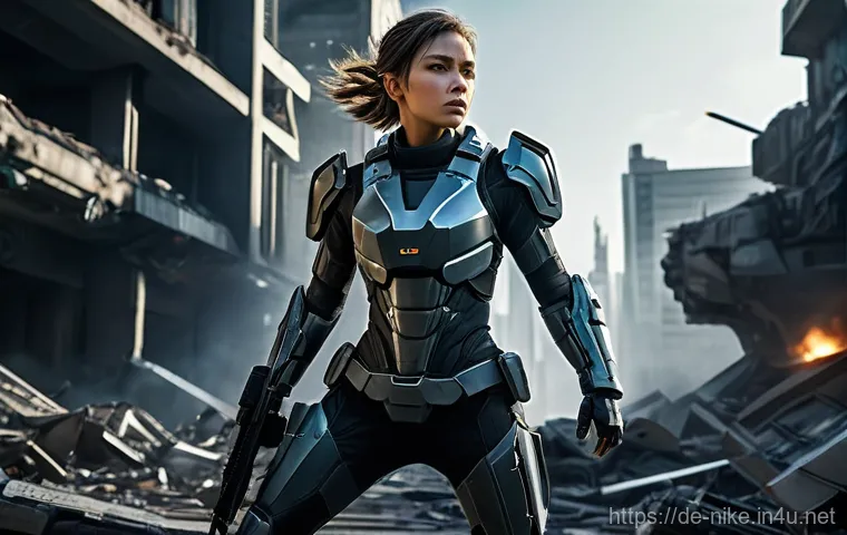 승리의여신 니케 공격 모션 분석 - A highly detailed, full-body image of a futuristic female soldier, a 'Nikke,' in mid-combat. She is ...