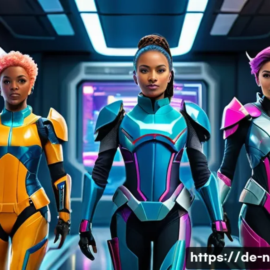 승리의여신 니케 유료 멤버십 혜택 - **"A vibrant, stylized illustration of a diverse group of three futuristic female warriors, each wit...