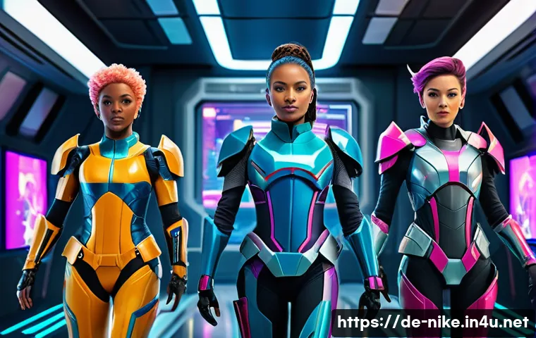 승리의여신 니케 유료 멤버십 혜택 - **"A vibrant, stylized illustration of a diverse group of three futuristic female warriors, each wit...
