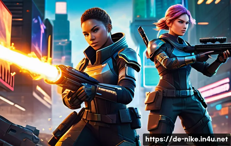승리의여신 니케 비공식 공략 모음 - A dynamic battlefield scene in a futuristic urban environment featuring a well-balanced team of thre...