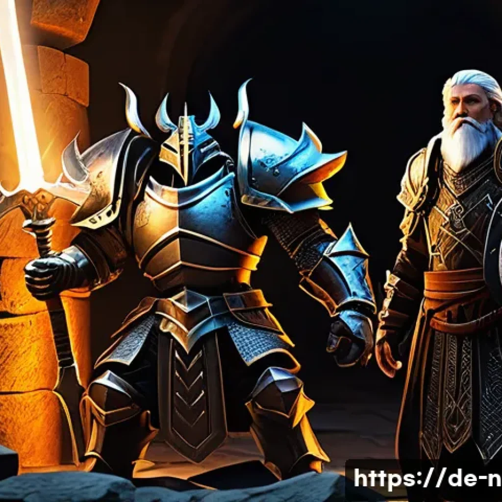 승리의여신 니케 던전 클리어 타임 단축 - A dynamic fantasy dungeon raid scene featuring a well-balanced team of four heroes: a heavily armore...
