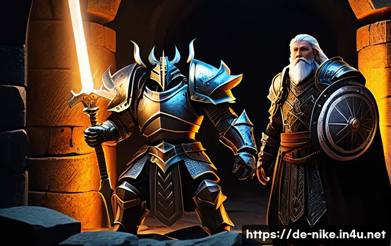 승리의여신 니케 던전 클리어 타임 단축 - A dynamic fantasy dungeon raid scene featuring a well-balanced team of four heroes: a heavily armore...