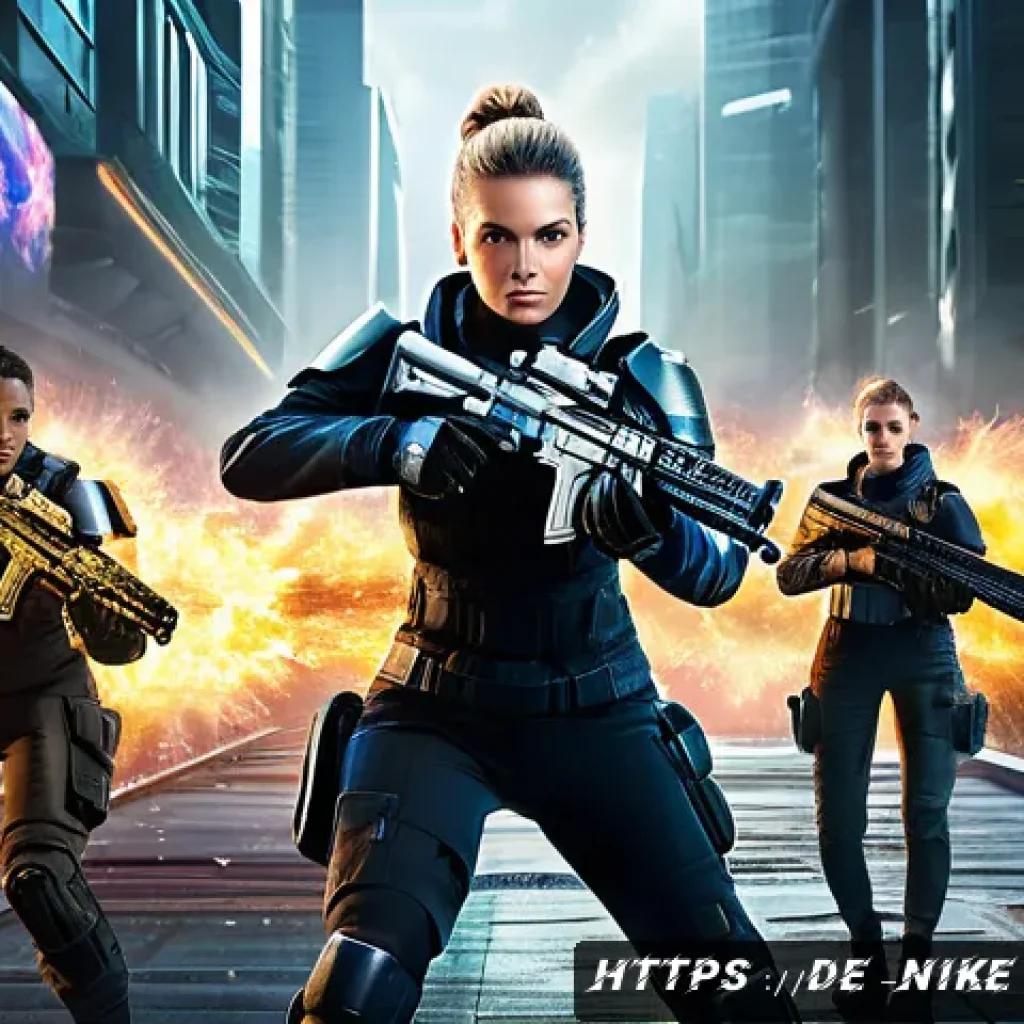 승리의여신 니케 신규 모드 소개 - A dynamic battle scene in a futuristic urban environment featuring a diverse team of female characte...