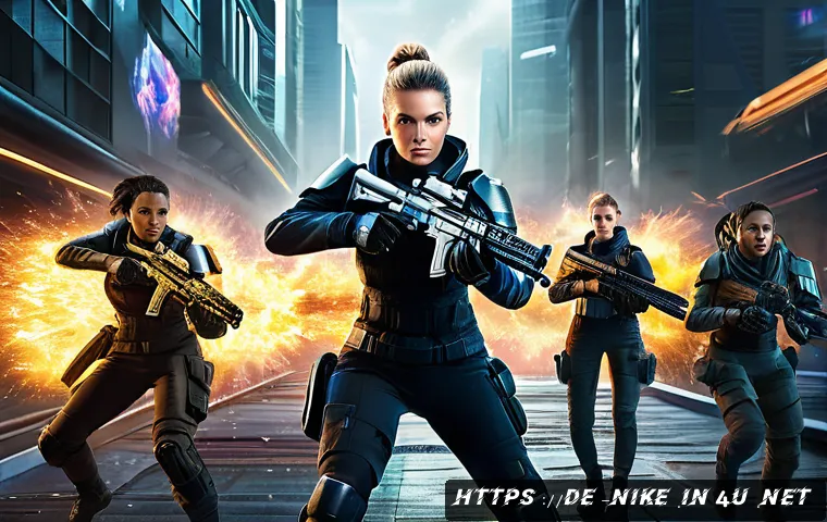 승리의여신 니케 신규 모드 소개 - A dynamic battle scene in a futuristic urban environment featuring a diverse team of female characte...