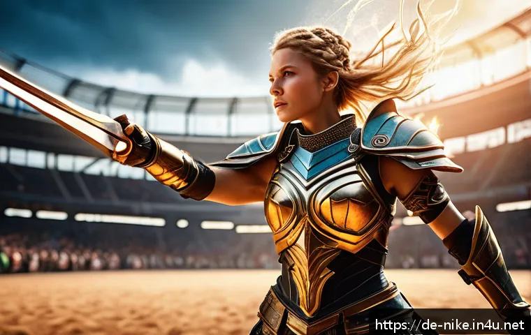 승리의여신 니케 매크로 사용 이슈 - A dynamic fantasy battle scene from Victory Goddess Nike, showcasing a skilled female warrior charac...