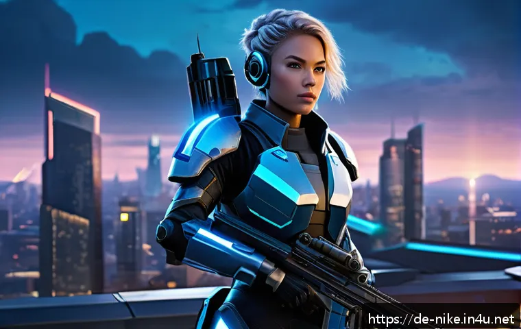 승리의여신 니케 공식 플레이 가이드 - A balanced tactical team of futuristic female warriors in a high-tech urban battlefield at dusk, sho...