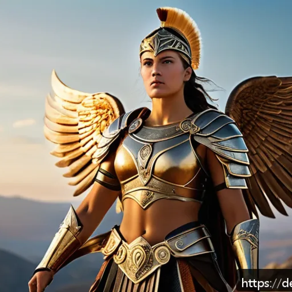 승리의여신 니케 개발사 인사말 - A powerful female warrior inspired by the Greek goddess Nike, wearing intricately designed ancient G...