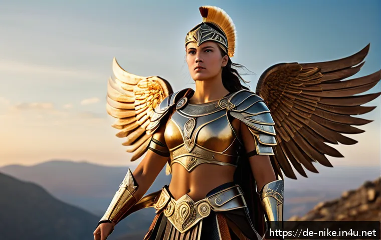 승리의여신 니케 개발사 인사말 - A powerful female warrior inspired by the Greek goddess Nike, wearing intricately designed ancient G...