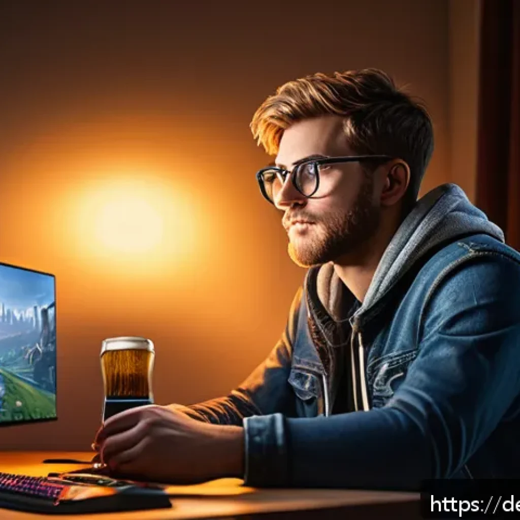 승리의여신 니케 최신 버그 대응 - A detailed scene of a German gamer sitting at a modern desk in a cozy, well-lit room decorated with ...