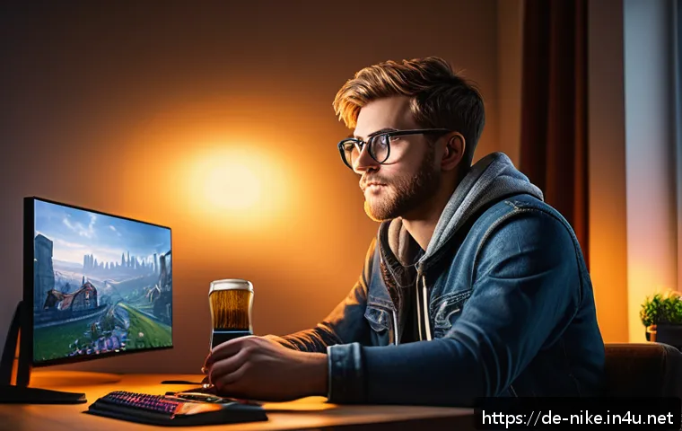 승리의여신 니케 최신 버그 대응 - A detailed scene of a German gamer sitting at a modern desk in a cozy, well-lit room decorated with ...