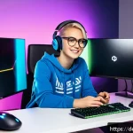 Home 22 승리의여신 니케 공식 스트리머 모집 - A confident female gamer streaming Goddess of Victory: Nikke from a modern, cozy room with professio...