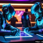 Home 21 승리의여신 니케 클랜 시스템 안내 - A dynamic scene inside a futuristic gaming clan headquarters, showcasing a diverse team of character...