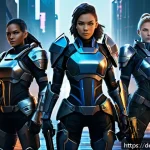 Home 20 승리의여신 니케 유저 커뮤니티 - A dynamic battle scene featuring a well-balanced team of four female characters from a futuristic ta...