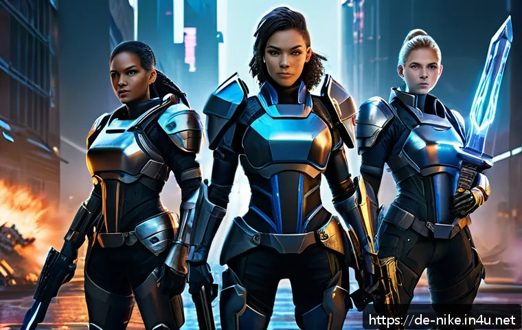 승리의여신 니케 유저 커뮤니티 - A dynamic battle scene featuring a well-balanced team of four female characters from a futuristic ta...