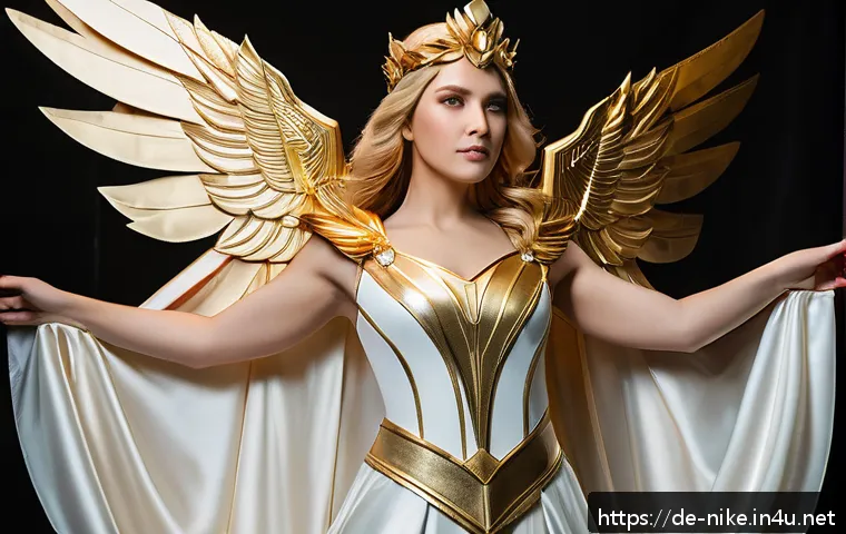 승리의여신 니케 코스프레 추천 의상 - A majestic Victory Goddess Nike cosplay in a flowing satin and silk gown with natural sheen and eleg...