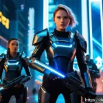 Home 18 승리의여신 니케 데일리 미션 루틴 - A dynamic scene of a futuristic female warrior team from Victory Goddess NIKKE, dressed in sleek, hi...