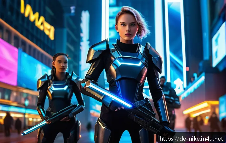 승리의여신 니케 데일리 미션 루틴 - A dynamic scene of a futuristic female warrior team from Victory Goddess NIKKE, dressed in sleek, hi...