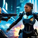 Home 23 승리의여신 니케 새로운 플레이어 리서치 - A dynamic team battle scene in a futuristic sci-fi setting, featuring a diverse group of female char...