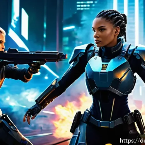 Home 17 승리의여신 니케 새로운 플레이어 리서치 - A dynamic team battle scene in a futuristic sci-fi setting, featuring a diverse group of female char...