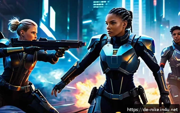 승리의여신 니케 새로운 플레이어 리서치 - A dynamic team battle scene in a futuristic sci-fi setting, featuring a diverse group of female char...