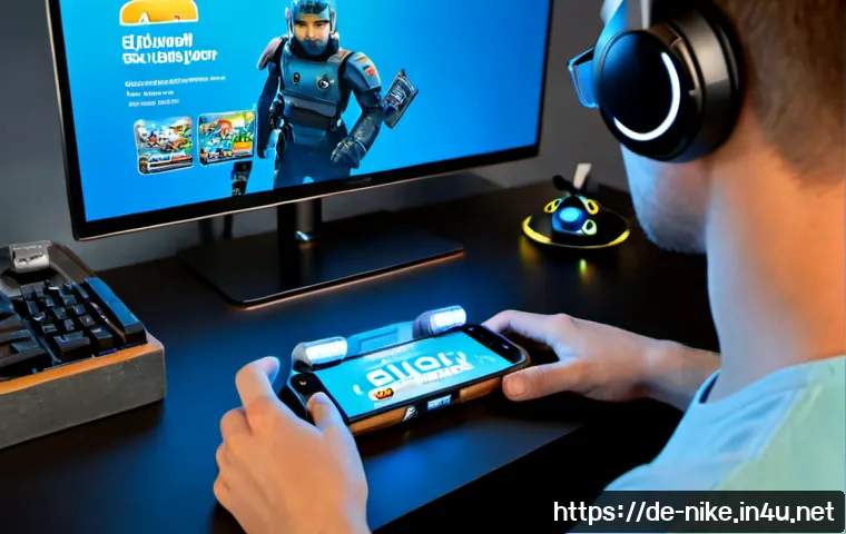 승리의여신 니케 프리미엄 패키지 혜택 - Photorealistic over-the-shoulder view of a German gamer at a clean modern desk, comparing a premium ...