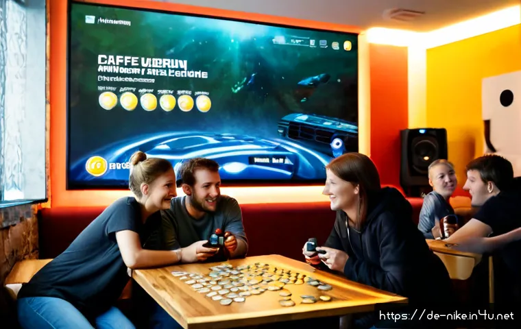 Home 31 승리의여신 니케 팬덤 현황 분석 - Photorealistic modern gaming café in Berlin, diverse adult German fans gathered around a large scree...