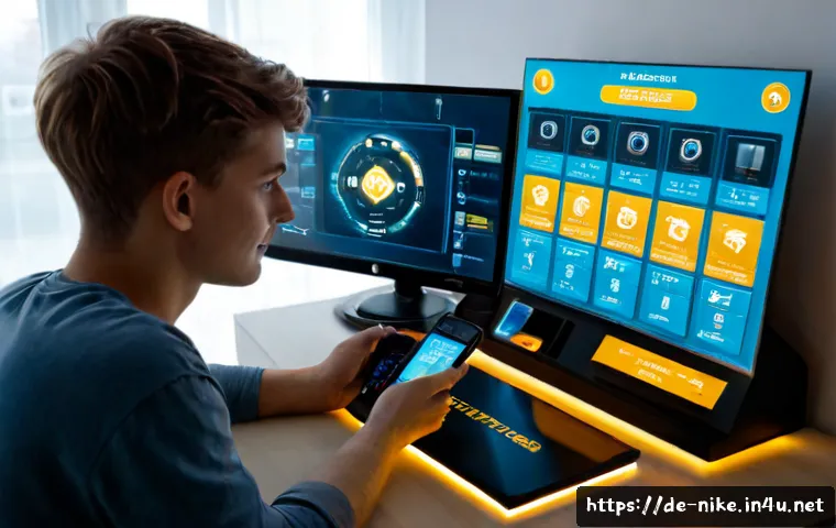 Home 30 승리의여신 니케 무료 아이템 획득 루트 - Photorealistic young German adult gamer at a tidy apartment desk in Berlin, holding a smartphone dis...
