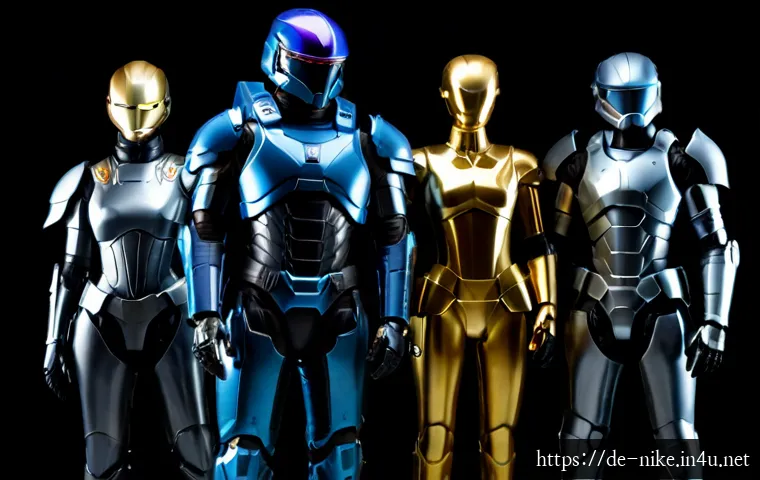 Home 17 승리의여신 니케 장비 등급별 특성 - Photorealistic futuristic equipment comparison scene, four neatly arranged sci-fi combat gear sets p...