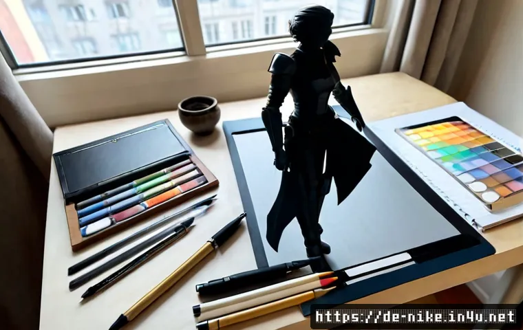 승리의여신 니케 팬아트 리소스팩 - Photorealistic overhead view of a German digital artist’s workspace for creating sci-fi game fan art...